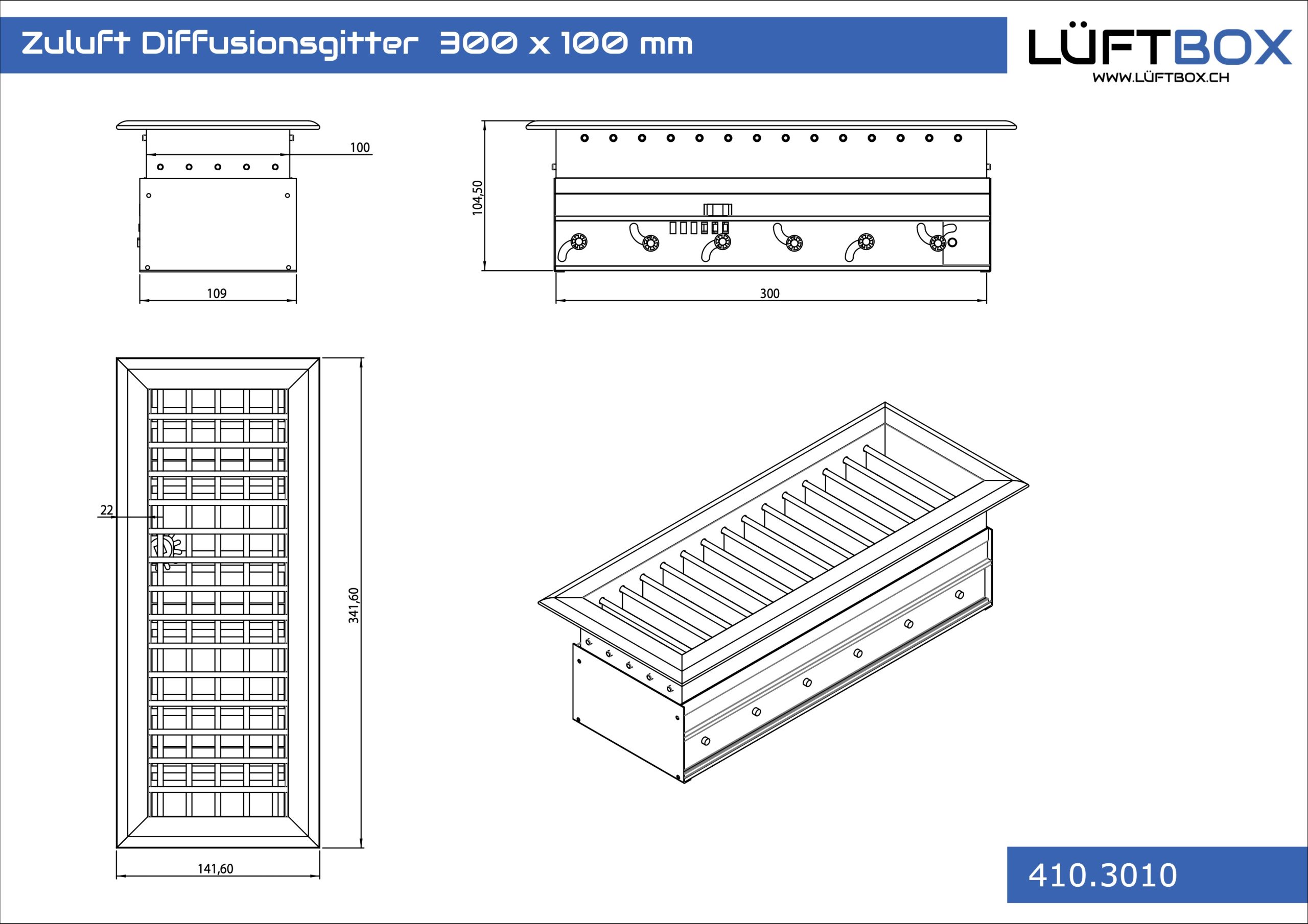 Zuluft Diffusionsgitter 300 x 100 mm – Bild 2