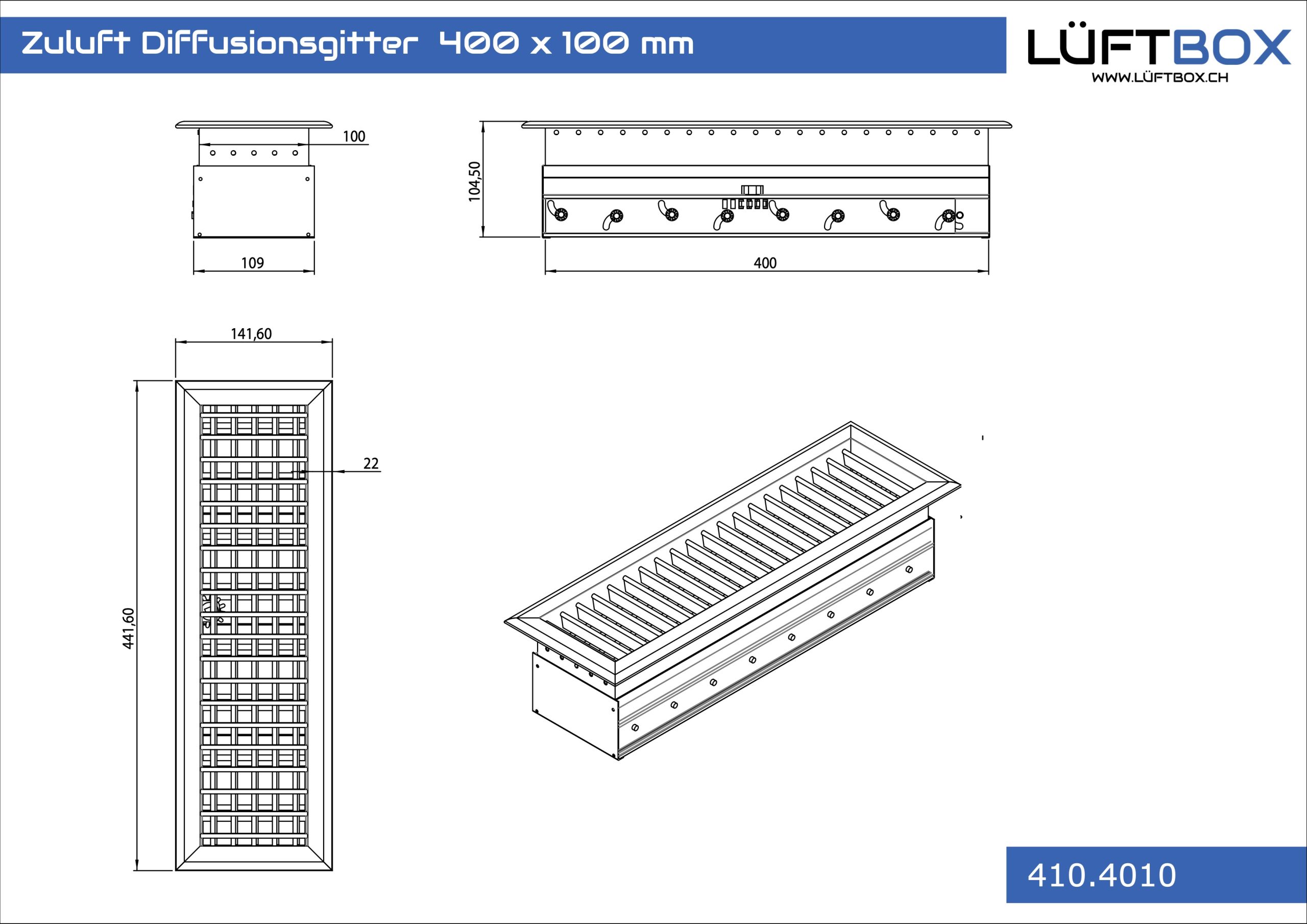 Zuluft Diffusionsgitter 400 x 100 mm – Bild 2