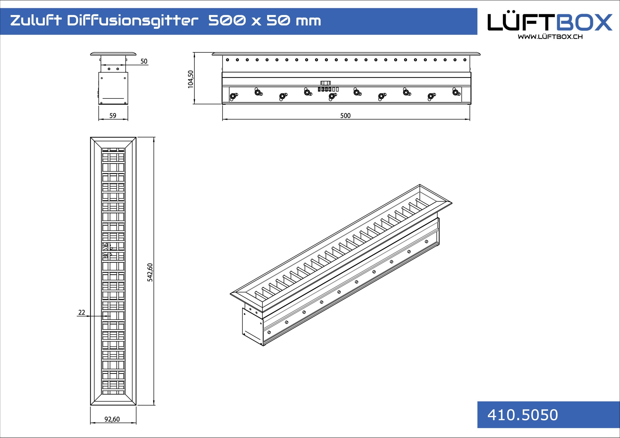 Zuluft Diffusionsgitter 500 x 50 mm – Bild 2