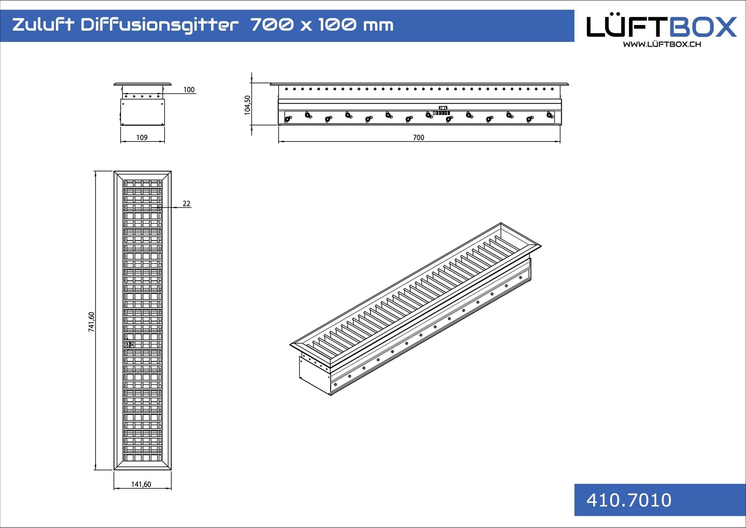 Zuluft Diffusionsgitter 700 x 100 mm – Bild 2