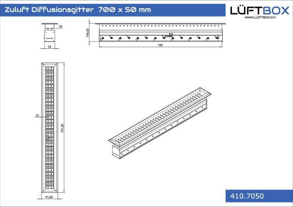 Zuluft Diffusionsgitter 700 x 50 mm – Bild 2